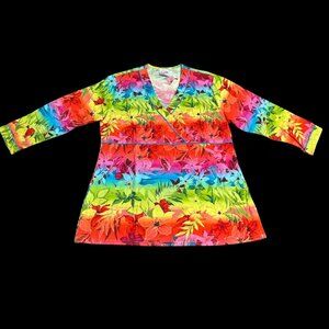 Women's Comfy Cotton Rainbow Floral Vibrant Scrub Top Shirt Size XS Hawaiian